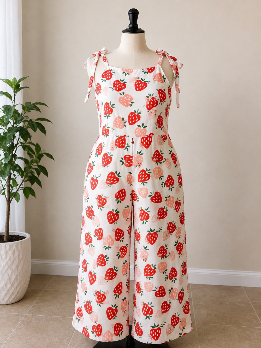 4XL Strawberry Print Tie Strap Wide Leg Jumpsuit Plus Size